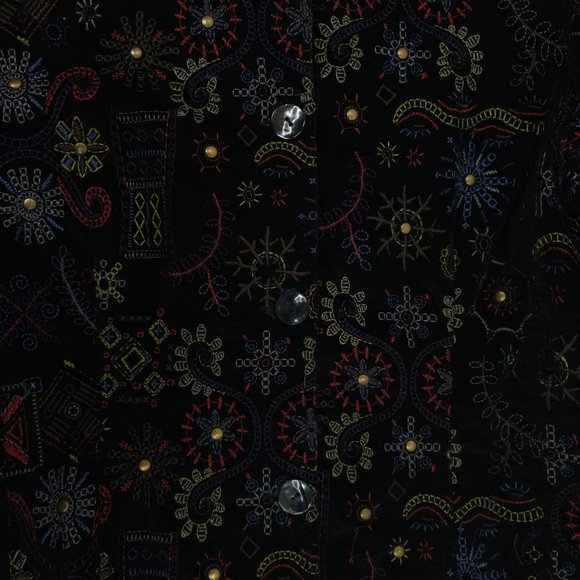 Chicos Black Velvet Embroidered Jacket Blazer 1 US M Boho Artsy Career Studded - Picture 13 of 16